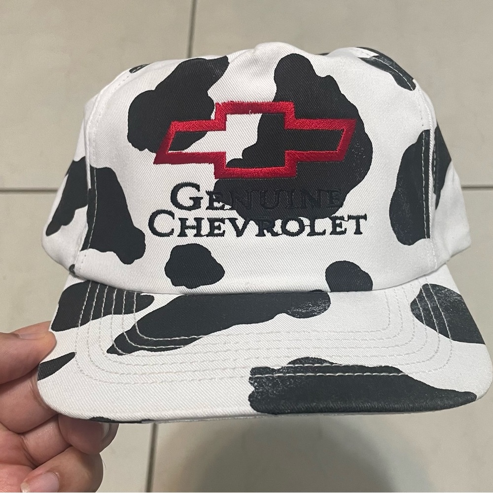 VTG 80s Genuine Chevrolet Chevy Cow Print Snapback Trucker Hat Cap Rare